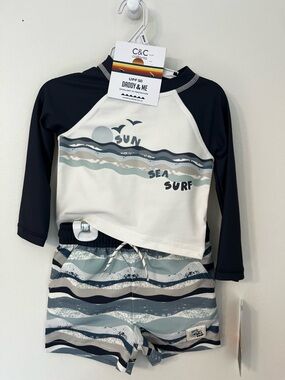 C&C California Kids' Navy & Cream Sun Sea Surf Rash Guard Set NWT